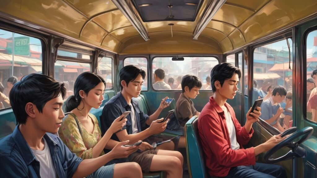 people riding a jeepney looking at their smart phones